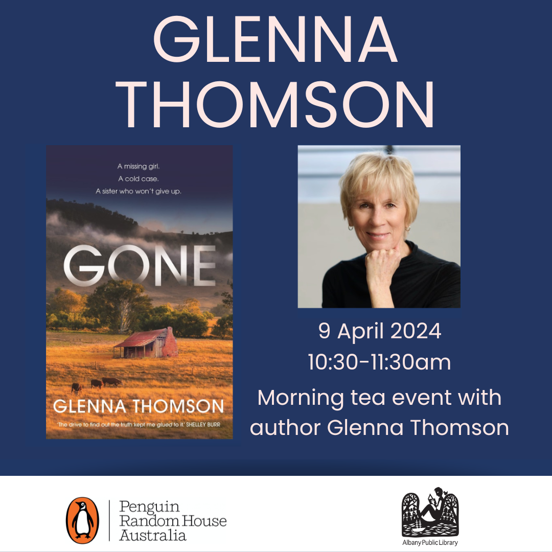 Image shows a dark blue background. The book cover of Gone is on the left, which features a photo of rural Victoria with a small farm building in the centre. On the right of the image is a photo of the author Glenna Thomson with event details below.