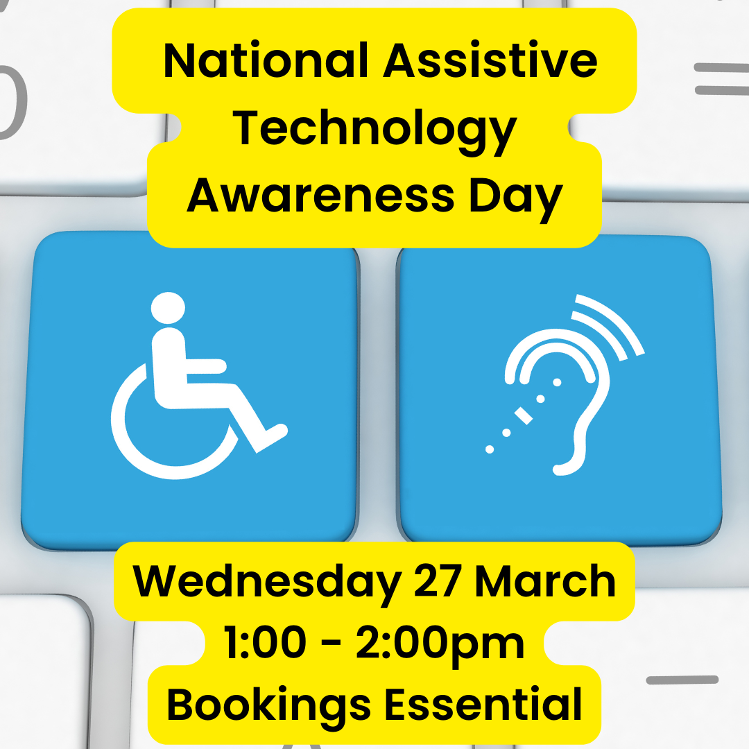 Image shows a computer keyboard background with two tiles changed to depict a blue wheelchair logo and a blue hearing aid logo. Event details are superimposed in text on a yellow background.